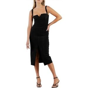 MISHA Gertrude Revolve Black Corset‎ Midi Dress Notched Neck Front Slit 14  $300